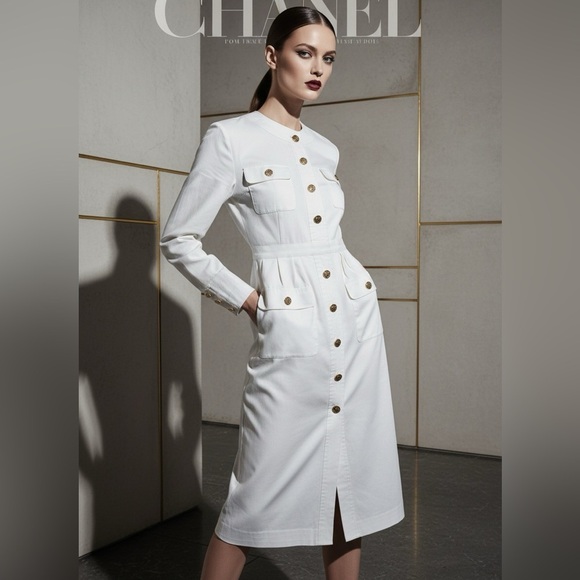 Rare Vintage CHANEL Boutique Ivory Shirt Dress with Gold Medallion Buttons - Picture 13 of 13